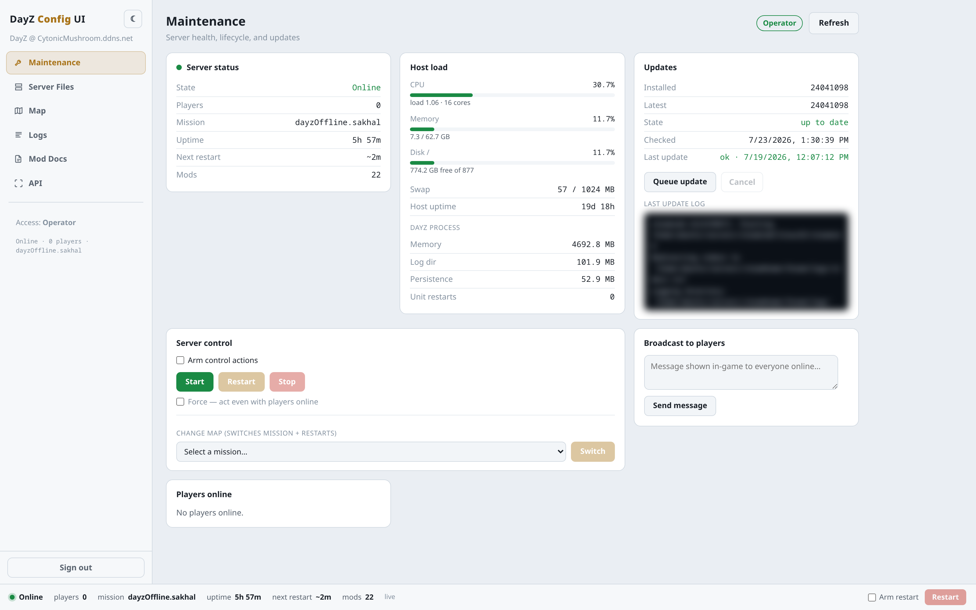 The Maintenance tab - status, host load, updates, server control, broadcast